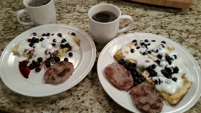 Morning coffee with a favorite Keto German Style lemony Pancake w/ blueberries and cream.