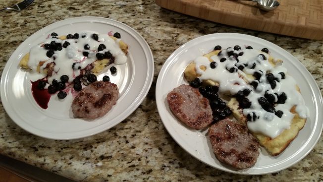 Plated german style lemony flavor with blueberries and cream. Yum!